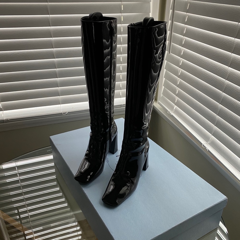 PRADA Square Toe Patent Leather Boots (Knee high)